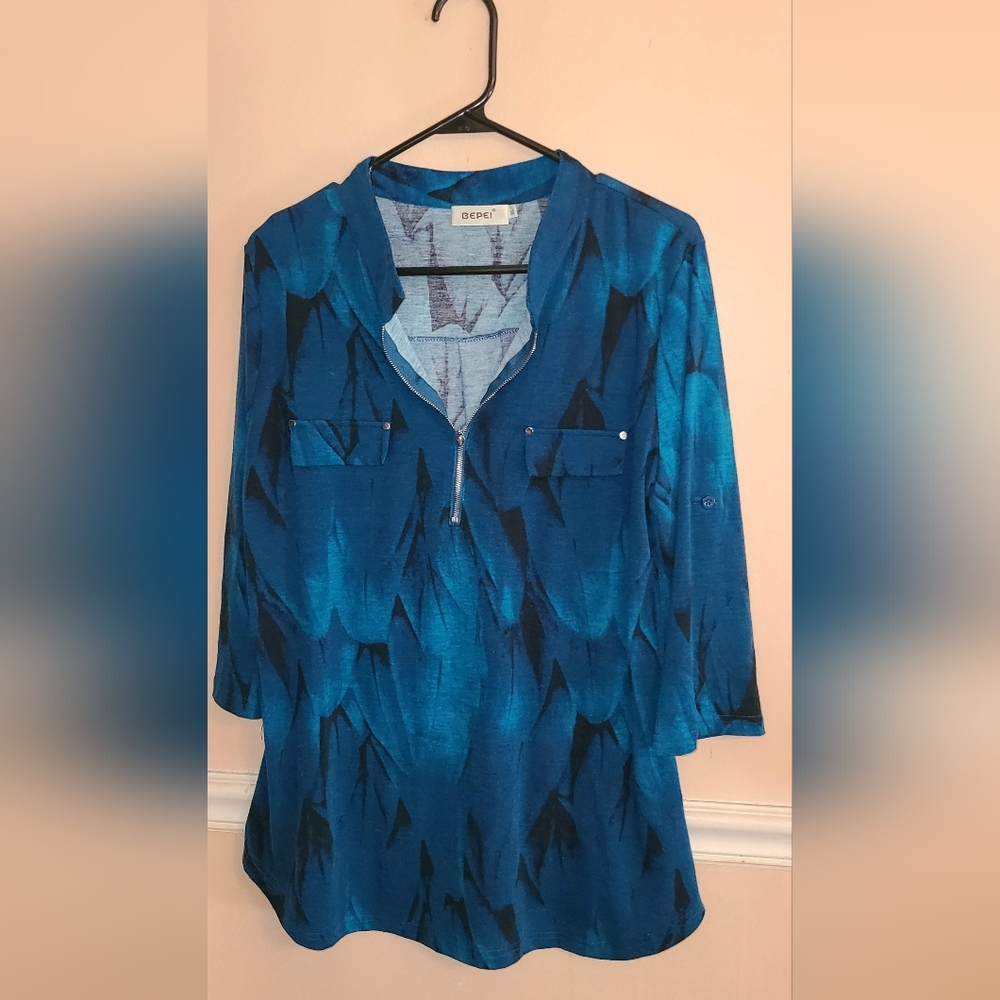 BEPEI Shades of Teal 3/4 Roll Up Sleeve 1/4 Zip Stretch Top XL